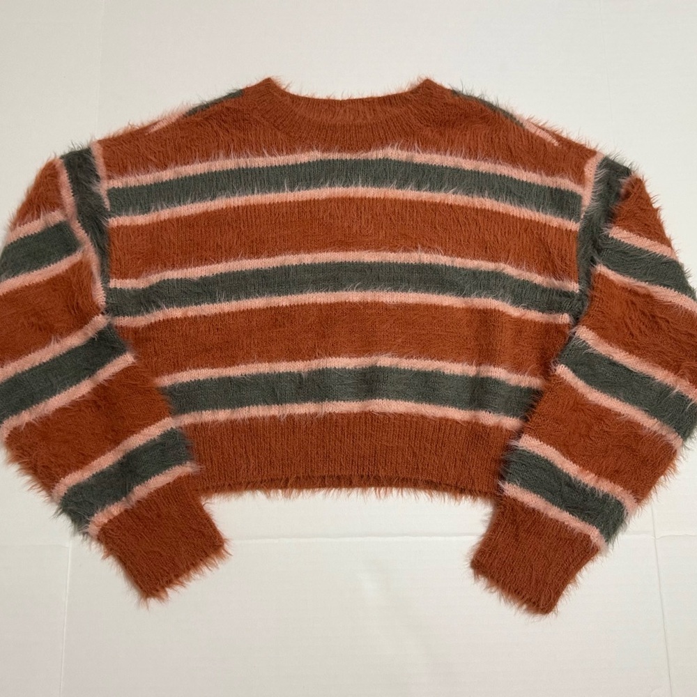 Full Tilt Rust and Gray Striped Crop Fuzzy Sweater